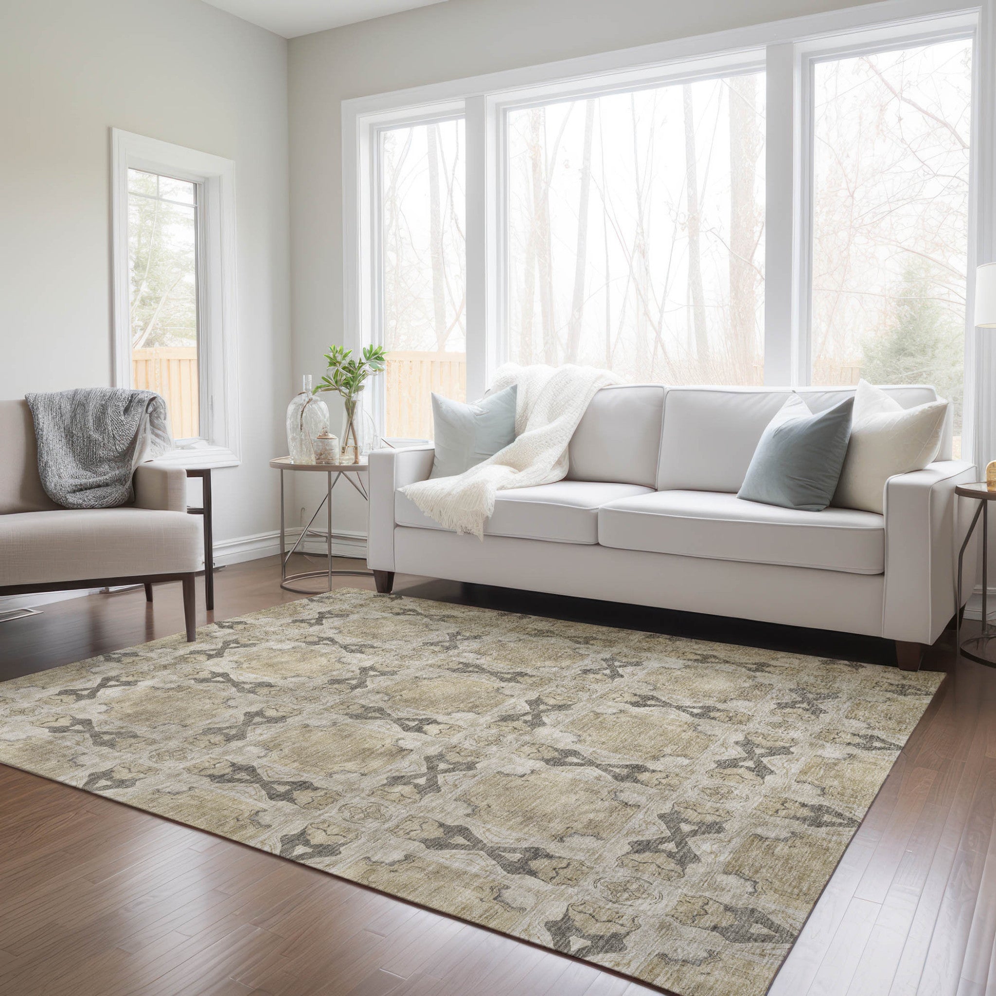 Stain-Resistant, Non-Skid Washable Teal Floral Medallion Round Runner Rug for Indoors & Outdoors