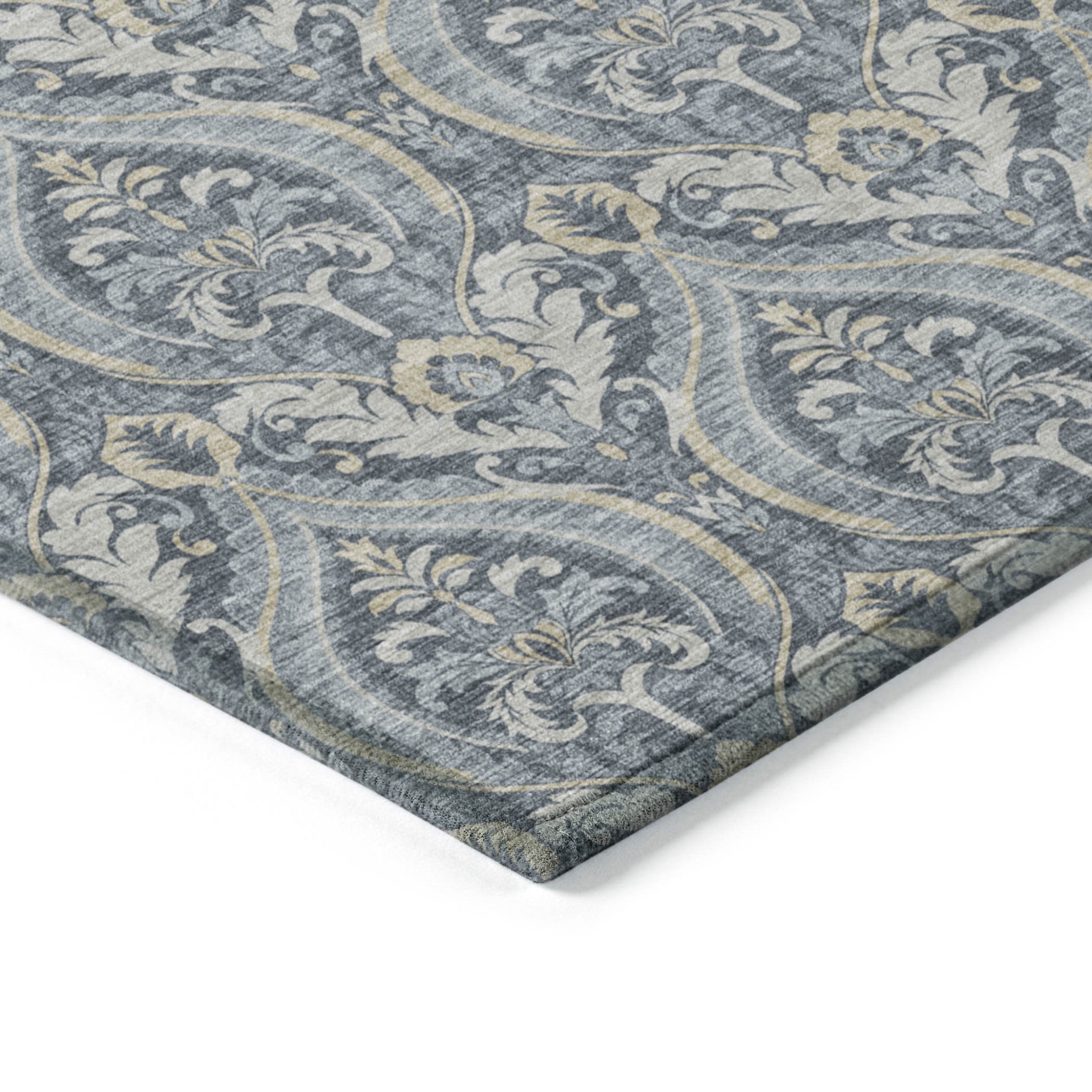 Stylish Washable and Stain - Resistant Non - Skid Damask Design Indoor Outdoor Runner Rug Measuring 27 Inches by 90 Inches