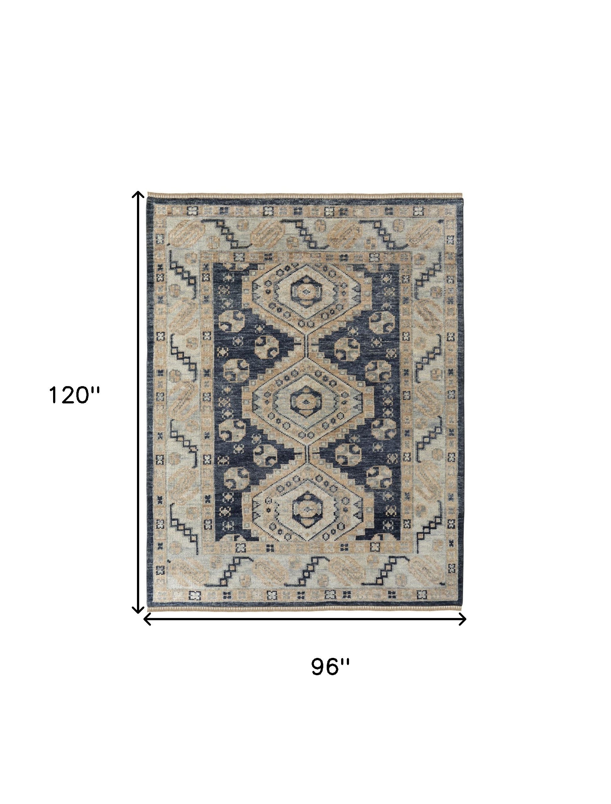 8-Foot Hand-Knotted Wool Runner Rug with Blue and Ivory Geometric Design and Fringe