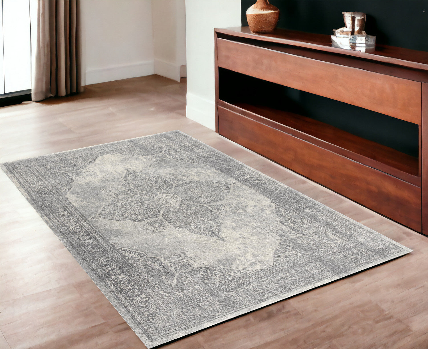 Elegant Gray Distressed Medallion Runner Rug - Durable, Soft for Home & Commercial Decor