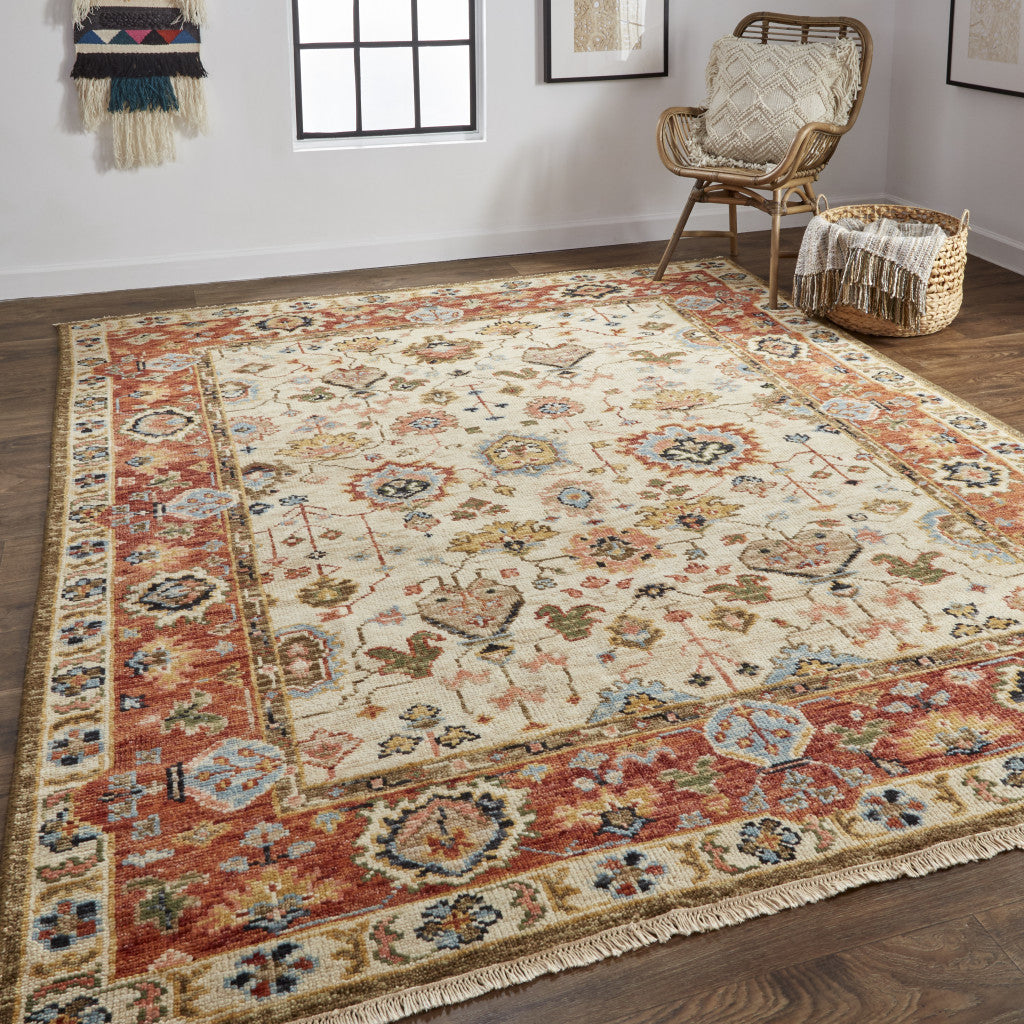 Stain-Resistant Hand-Knotted Wool Area Rug with Elegant Red & Ivory Floral Pattern