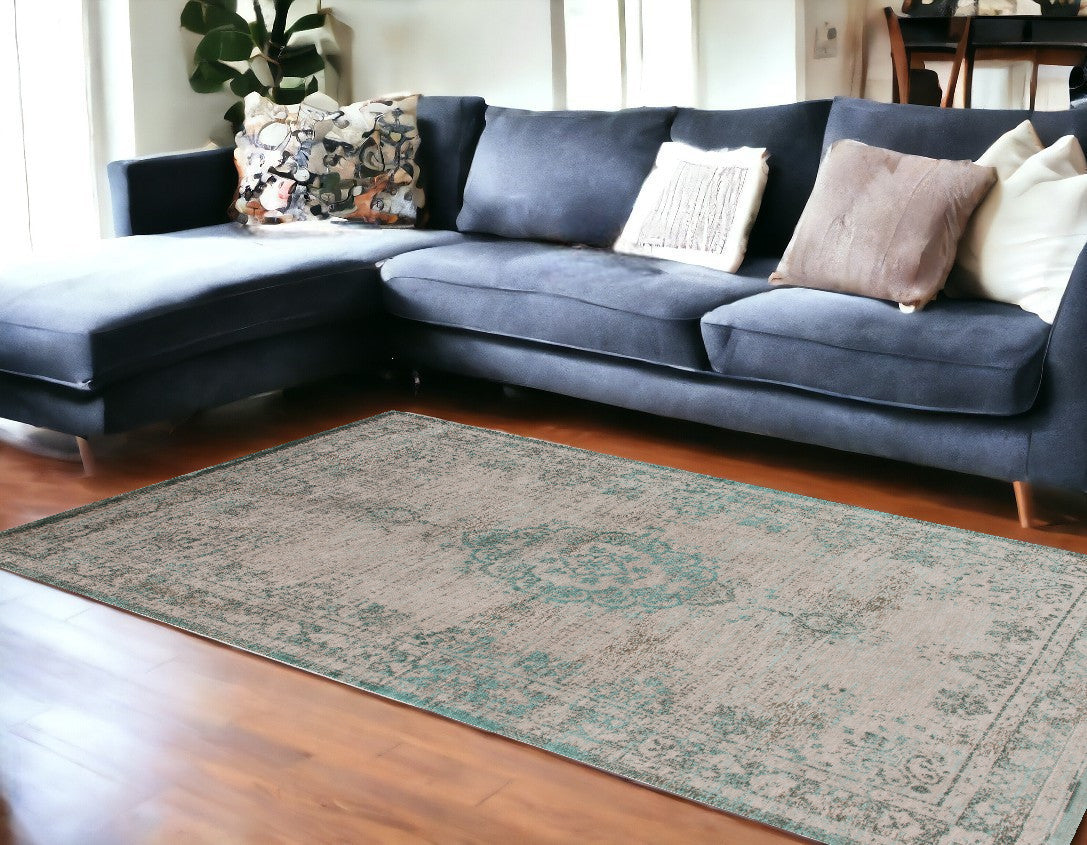 Elegant and Stylish 6-Foot by 8-Foot Gray and Green Medallion Non-Slip Area Rug for Adding Warmth and Style to Any Room