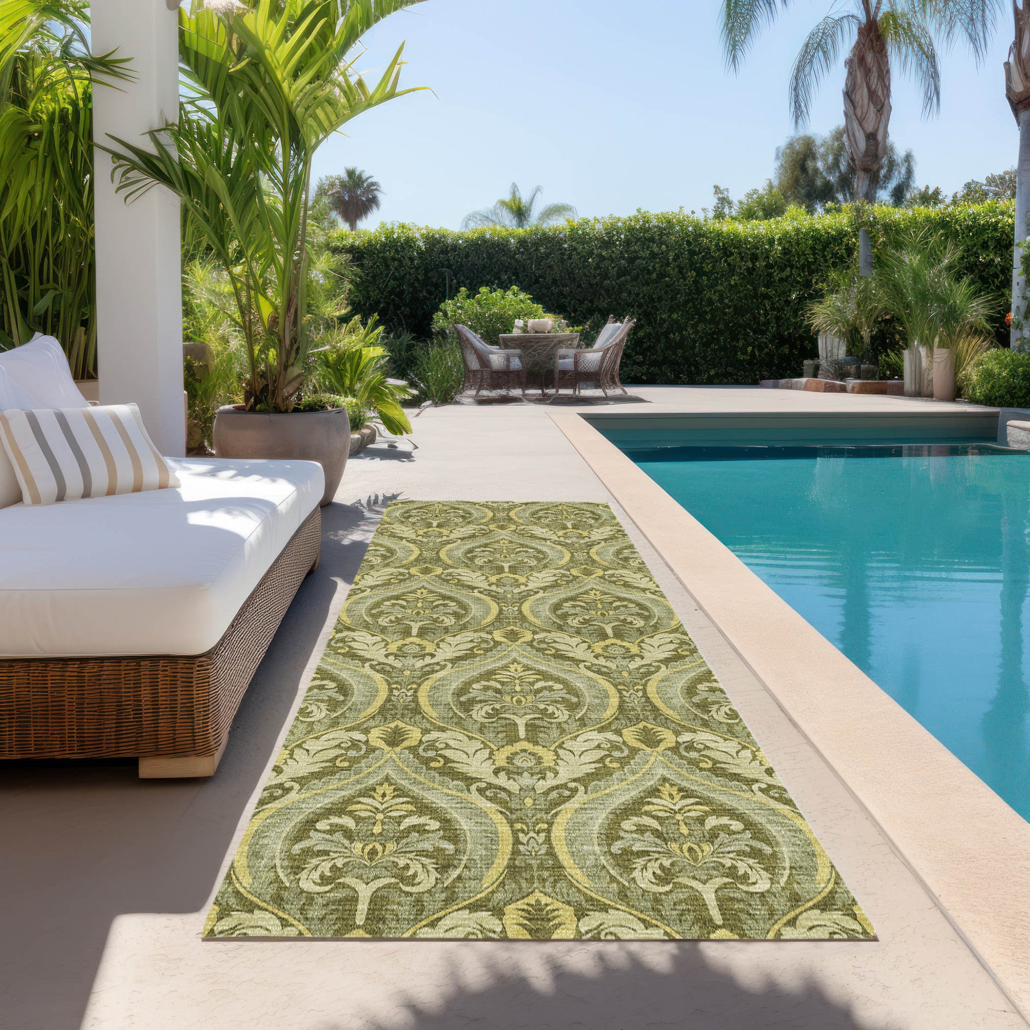 Stylish Washable and Stain - Resistant Non - Skid Damask Design Indoor Outdoor Runner Rug Measuring 27 Inches by 90 Inches