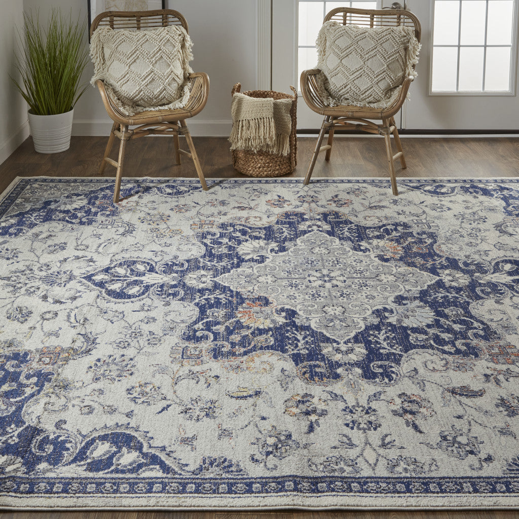 Stain-Resistant Power Loomed Gray, Ivory & Blue Floral Area Rug for Cozy Homes