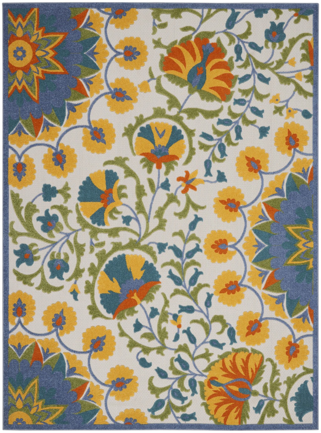 High - Quality Elegant Indoor and Outdoor Use Area Rug with Ivory and Blue Floral Design and Stain Resistance