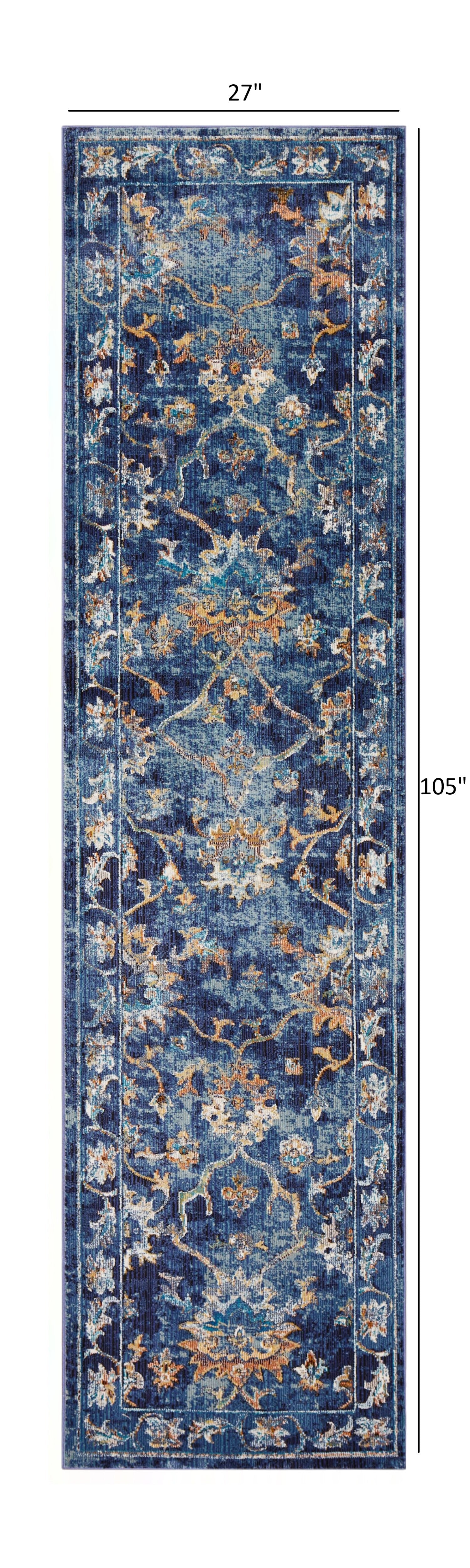 Luxurious Stain-Resistant Blue and Gold Jacobean Runner Rug with Soft Texture