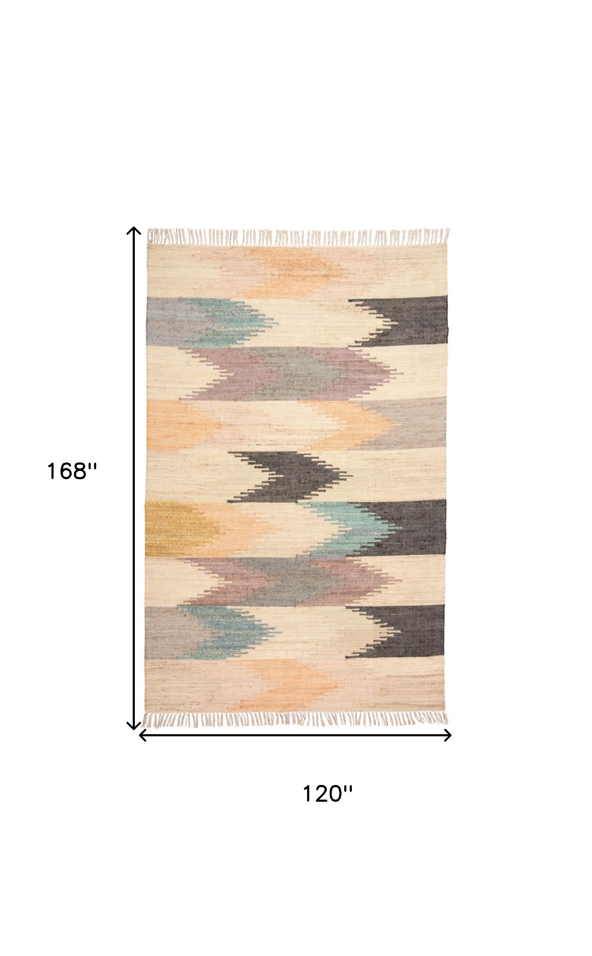Exquisite Handmade Geometric Area Rug in Tan, Blue & Orange Flatweave Style with Tassel Ends for Elegant and Stylish Homes