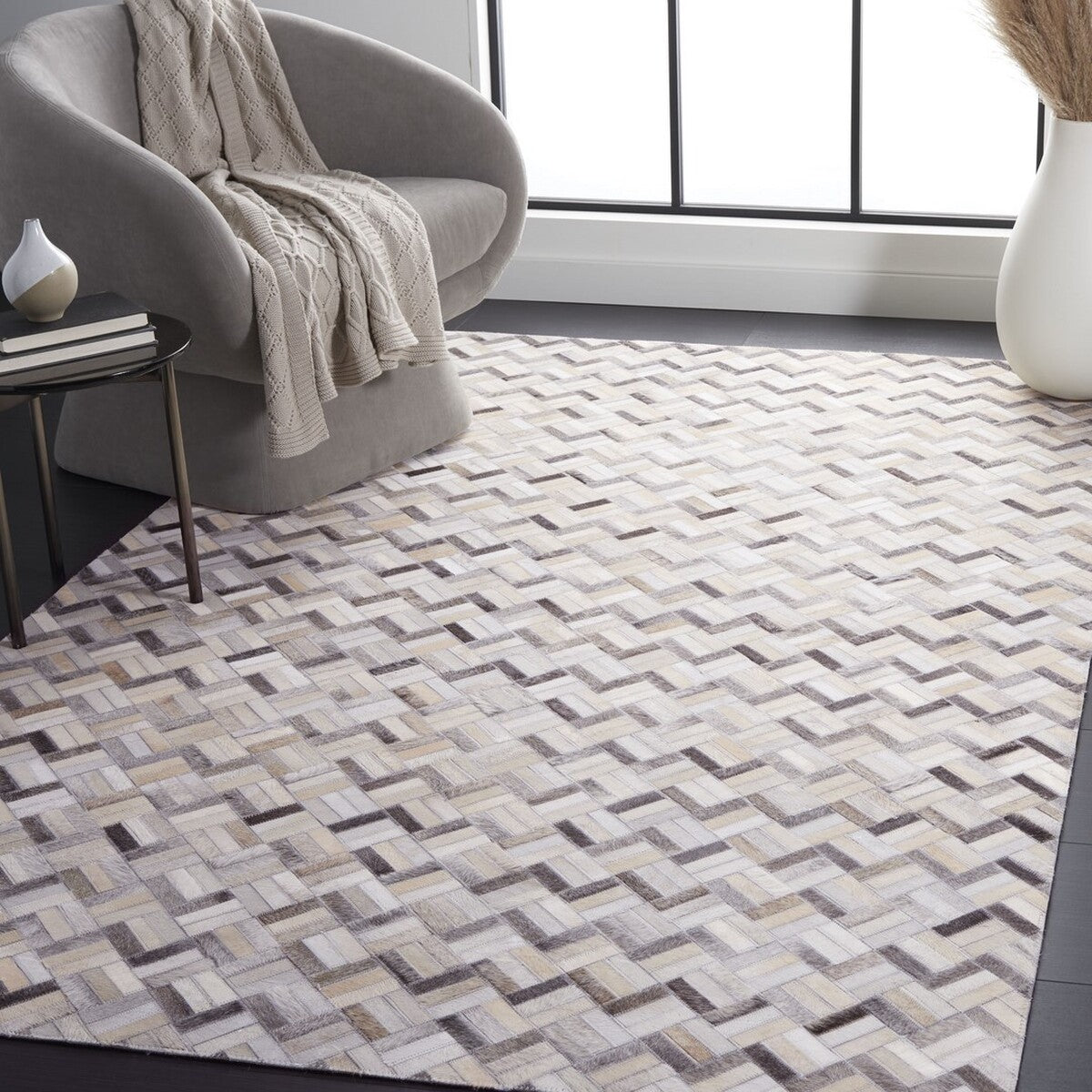 Elegant Studio Leather 235 Flat - Weave Hair - on - Leather Rug for Comfortable Home Styling
