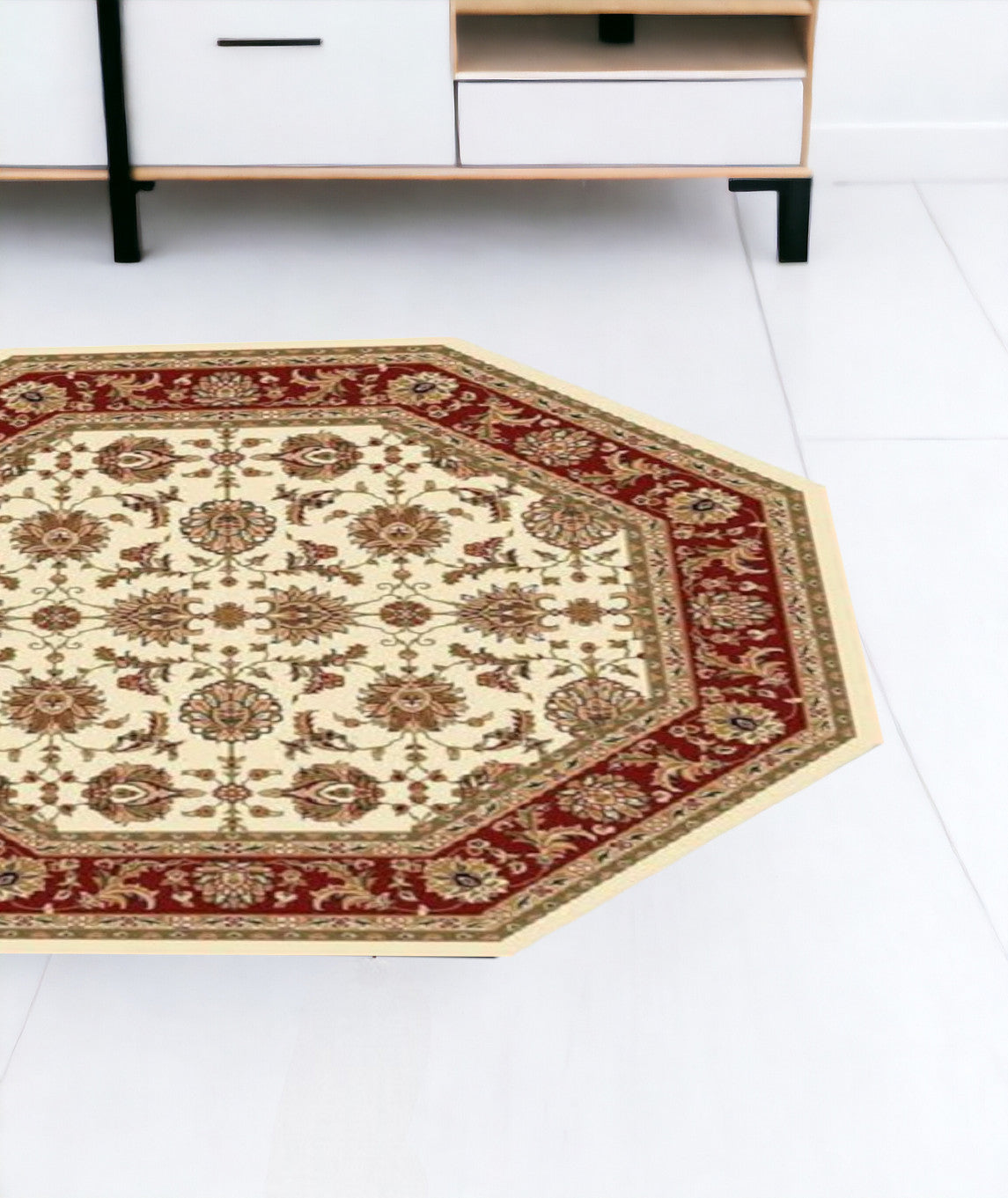 Exquisite Ivory and Red Geometric Octagon Floral Vines Area Rug - High - Quality and Stunning Artistry for Modern Residential Spaces