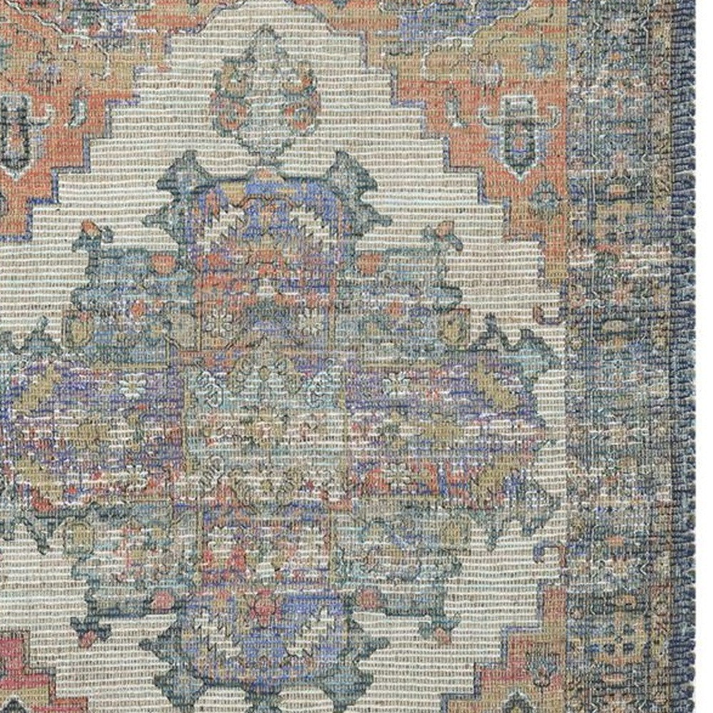 Stylish Teal Blue Hand - Woven Medallion Area Rug with Distressed Look
