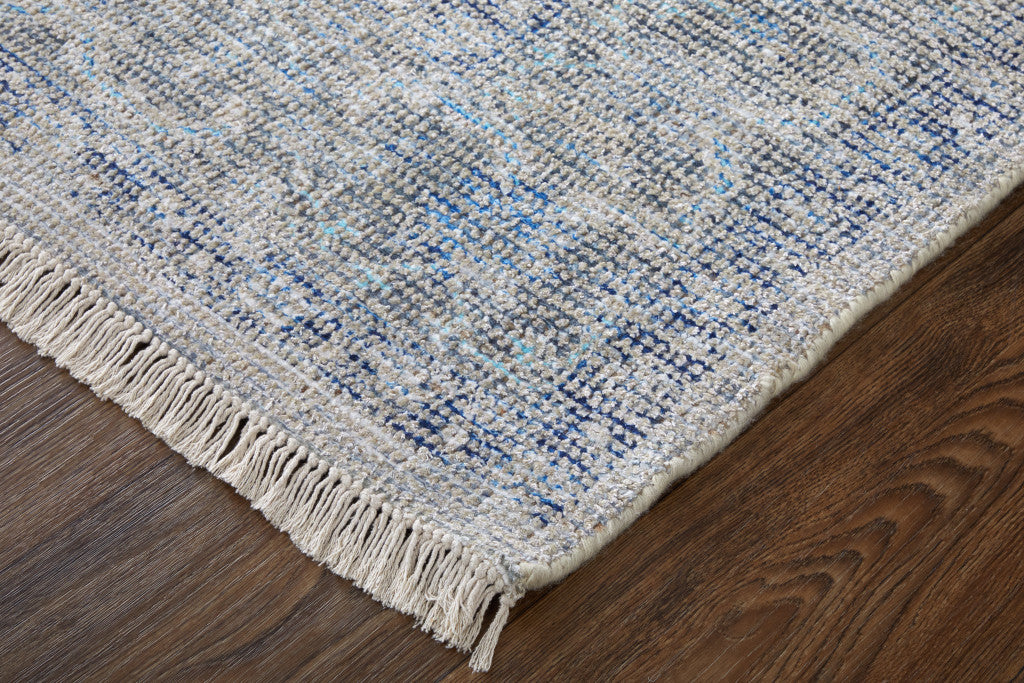 Exquisite Hand-Woven Distressed Oriental Area Rug in Blue and Ivory Shades with Stylish Fringe for Timeless Decor