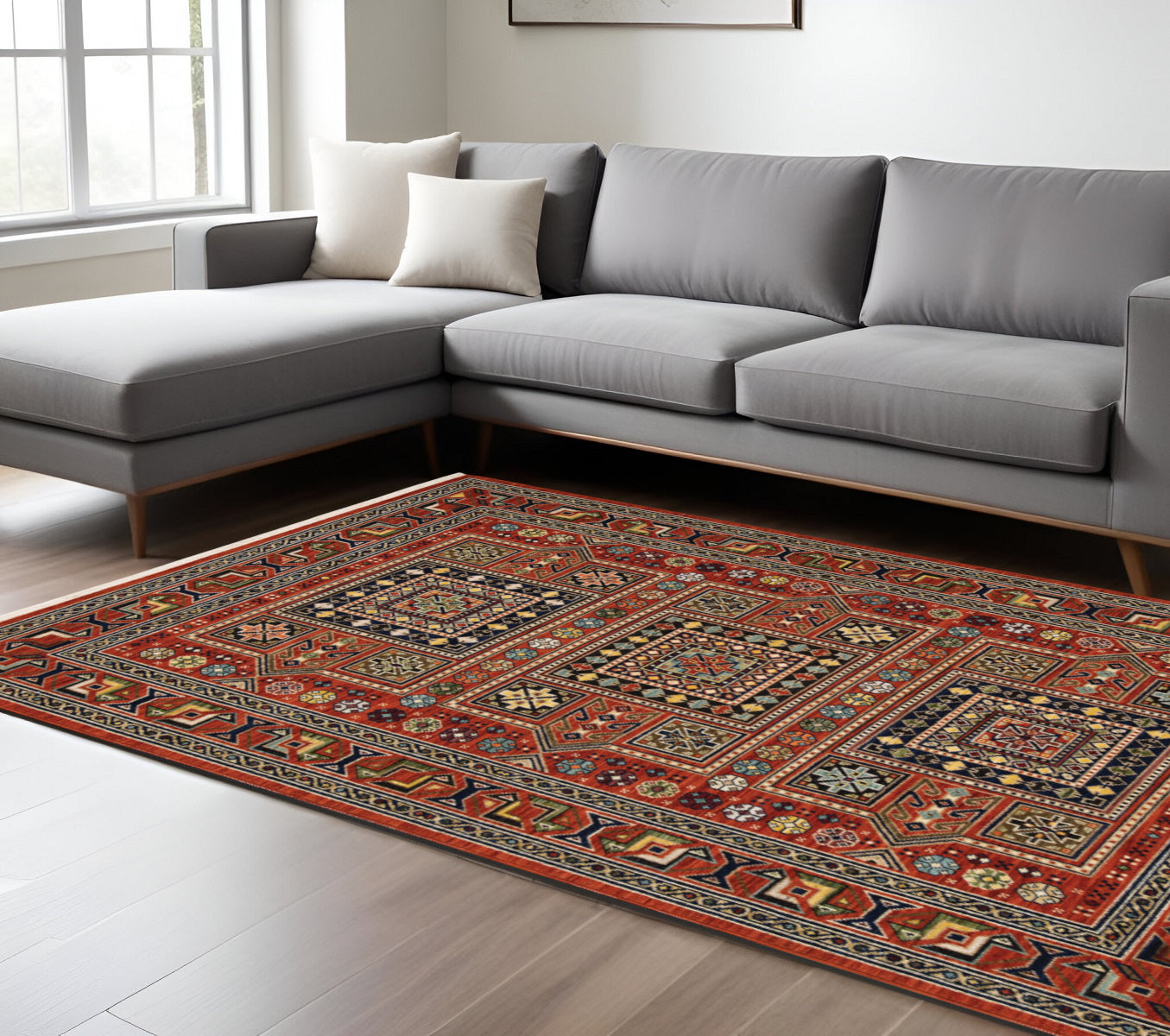Stain-Resistant Blue & Red Oriental Power Loom Area Rug for Homes with Kids & Pets