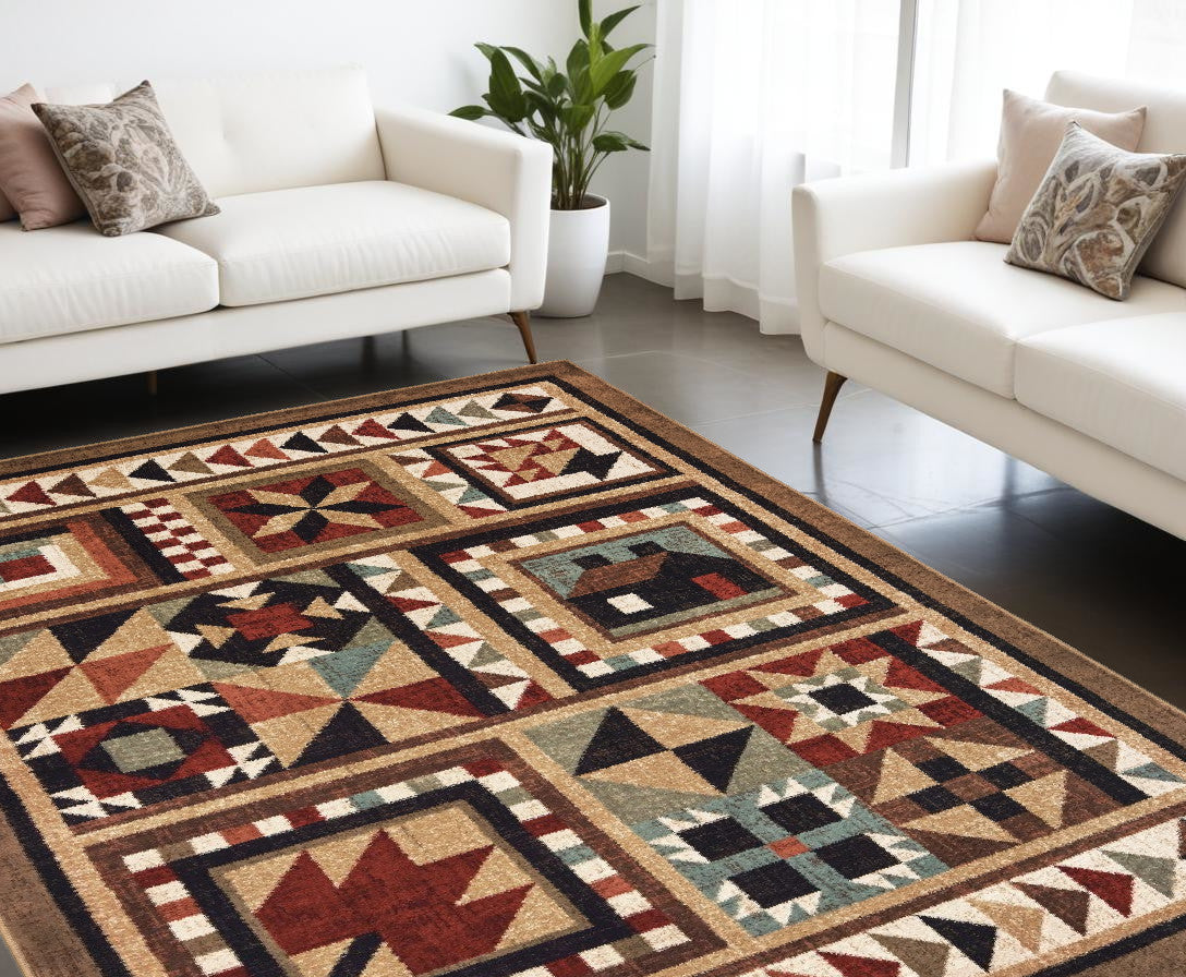 Stylish Stain-Resistant Brown and Red Ikat Patchwork Runner Rug for Bohemian Homes