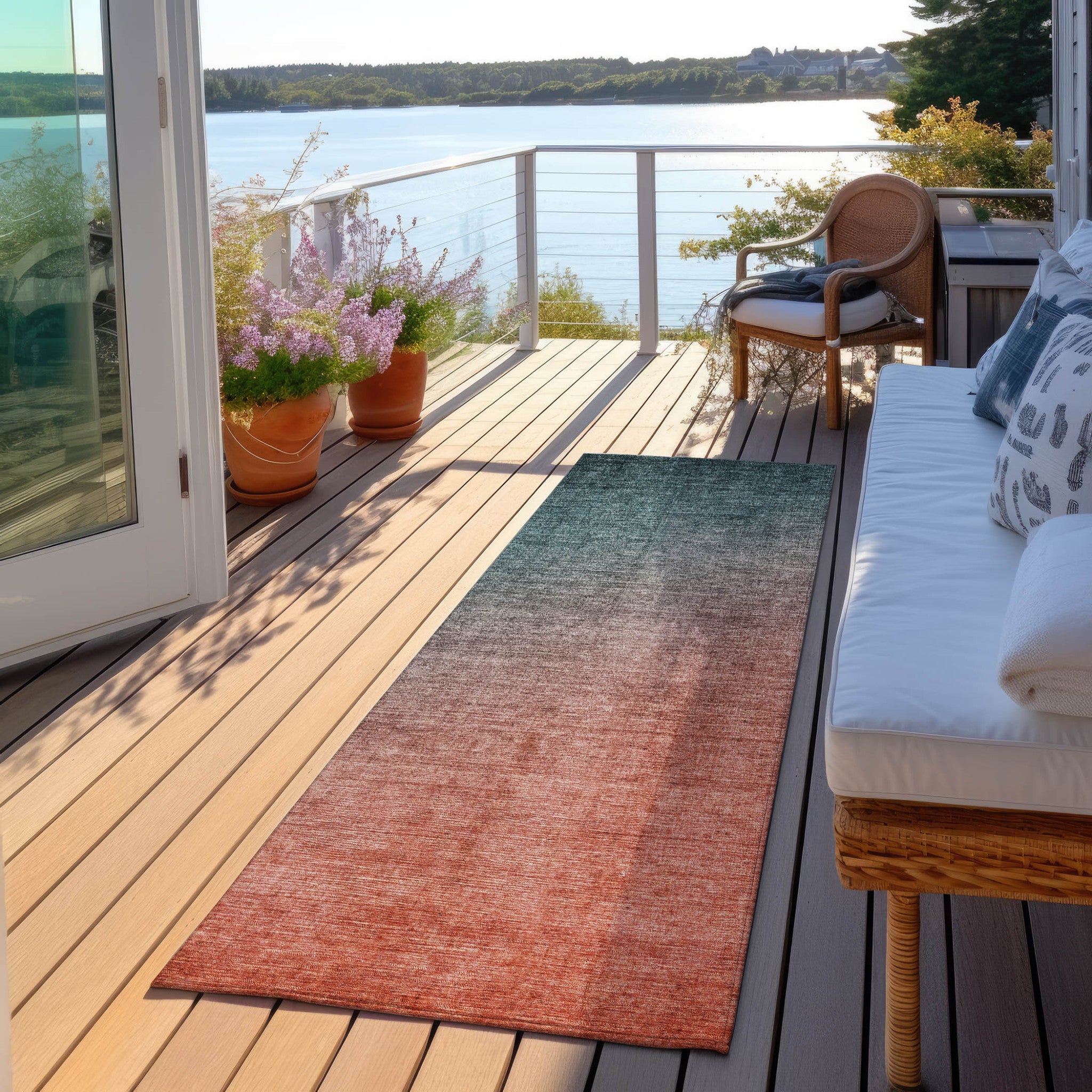 Stylish Ombre Teal and Red Orange Washable and Stain - Resistant Runner Outdoor Rugs for Both Indoor and Outdoor Decor