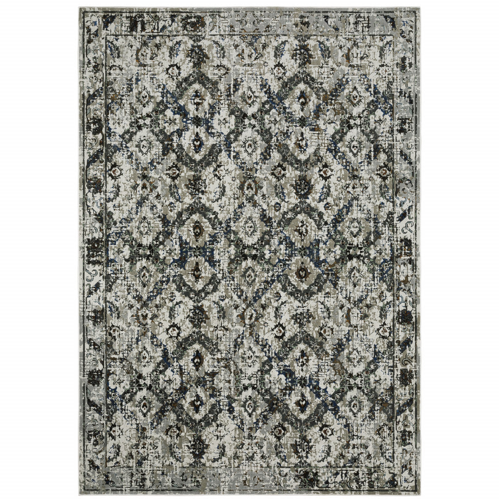 Ivory, Charcoal, and Gold Stain-Resistant Oriental Style Runner Rug - Ideal for Family Homes with Kids