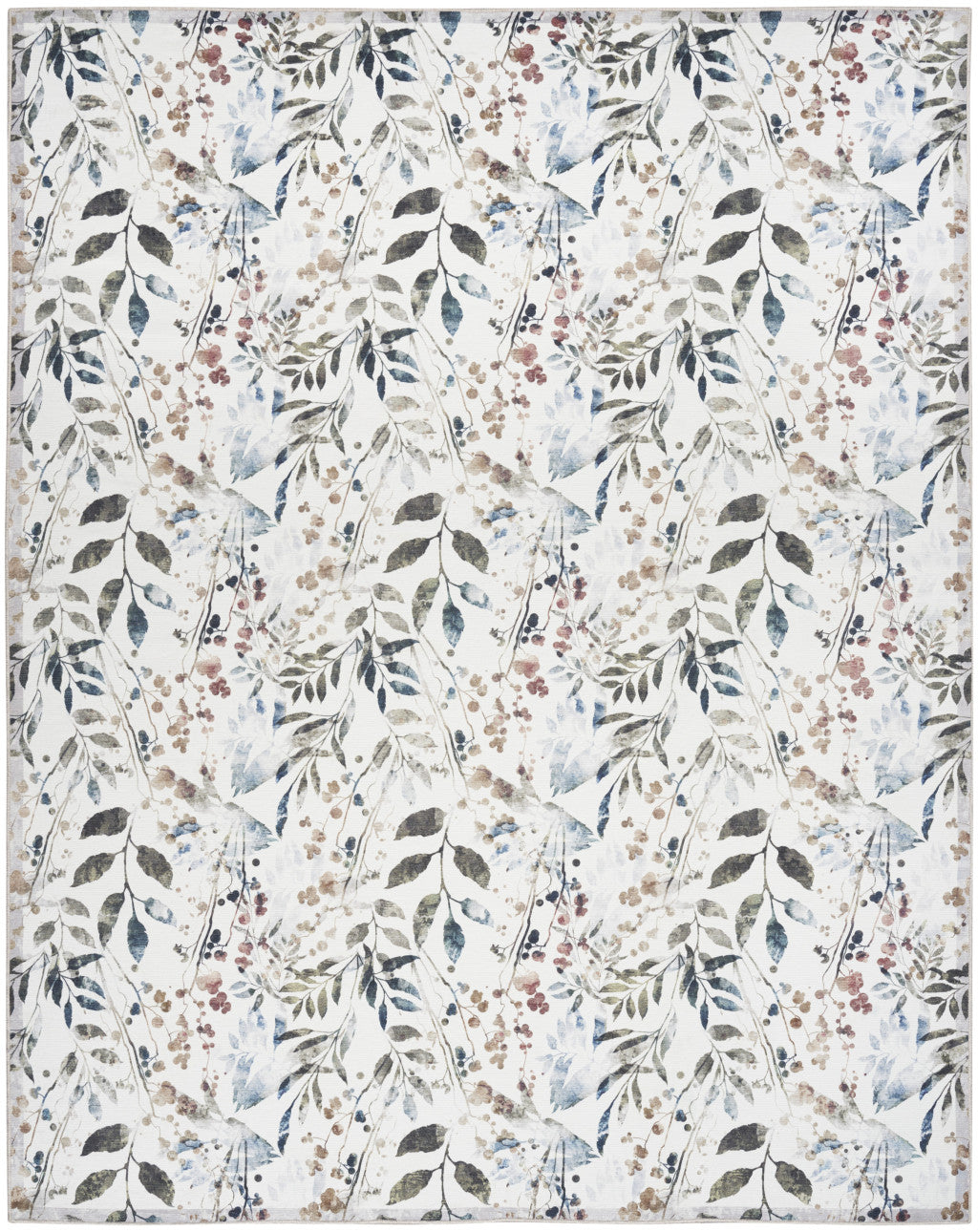 Stylish 6' x 9' Washable Non-Skid Ivory, Green & Red Floral Power Loom Area Rug