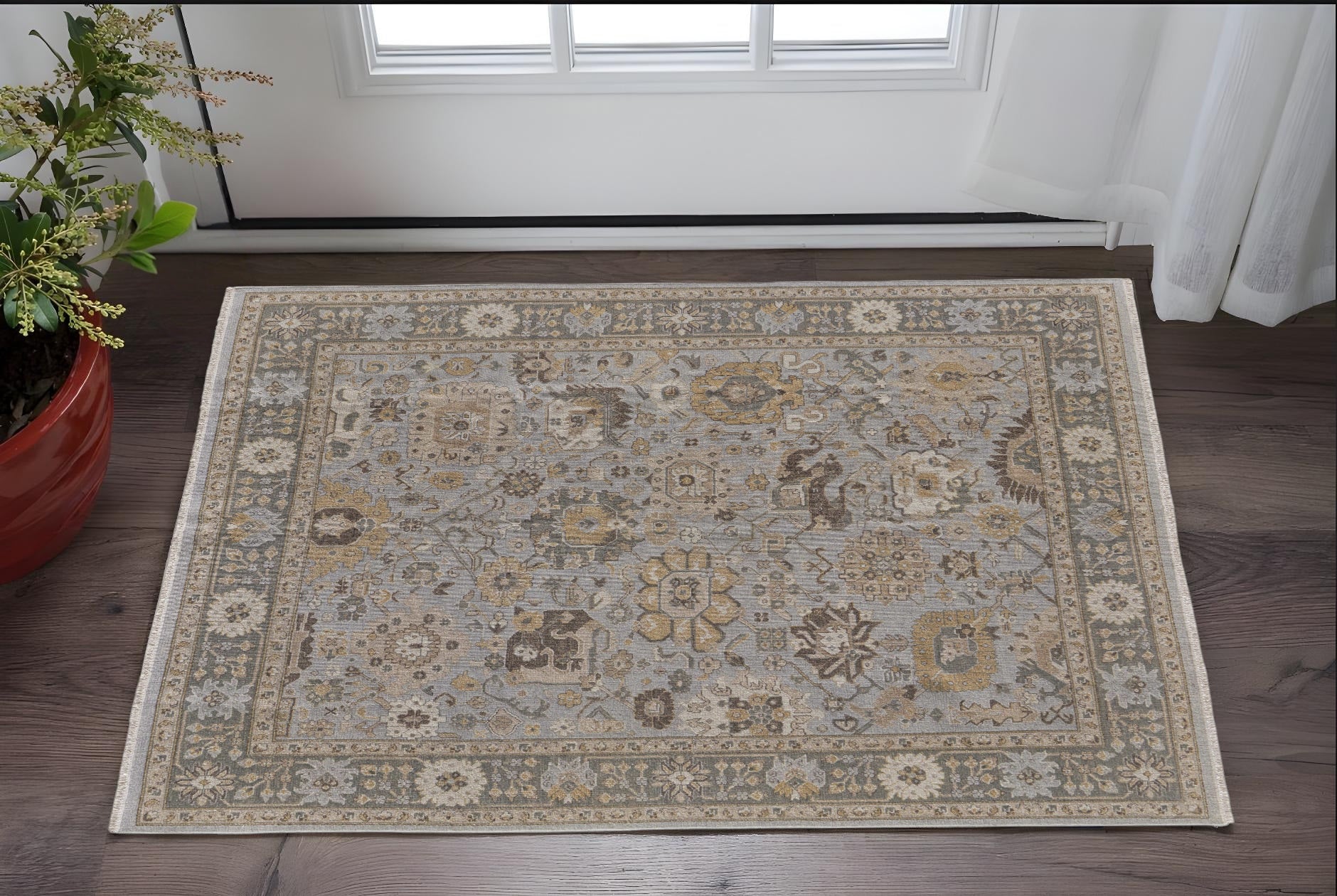 Exquisite Hand - Knotted Wool Oriental Area Rug with Graceful Gray and Brown Color Scheme and Timeless Fringe