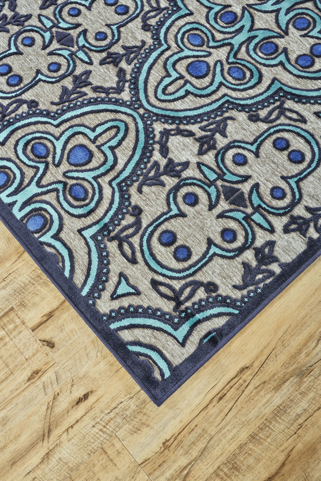 Elegant Tan, Blue & Taupe Damask Area Rug for a Cozy Home Ambiance