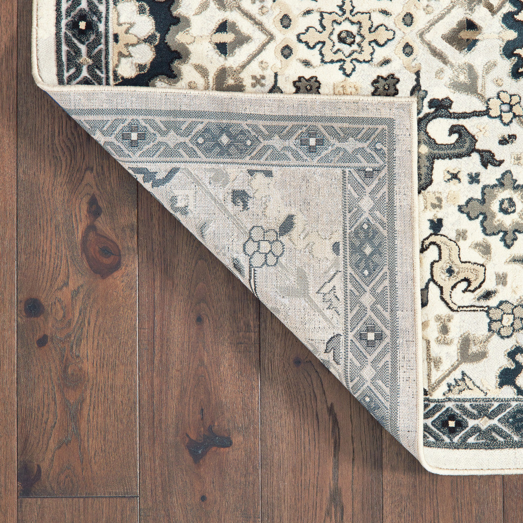 Ivory, Navy & Gold Stain-Resistant Oriental Runner Rug - Ideal for Family Homes