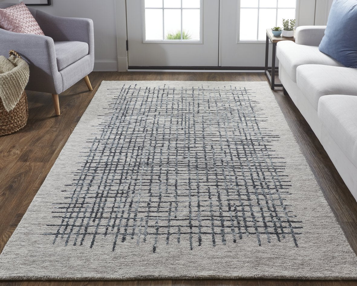 Soft Neutrals and Deep Blues Hand-Tufted Wool Abstract Rug for Contemporary Homes