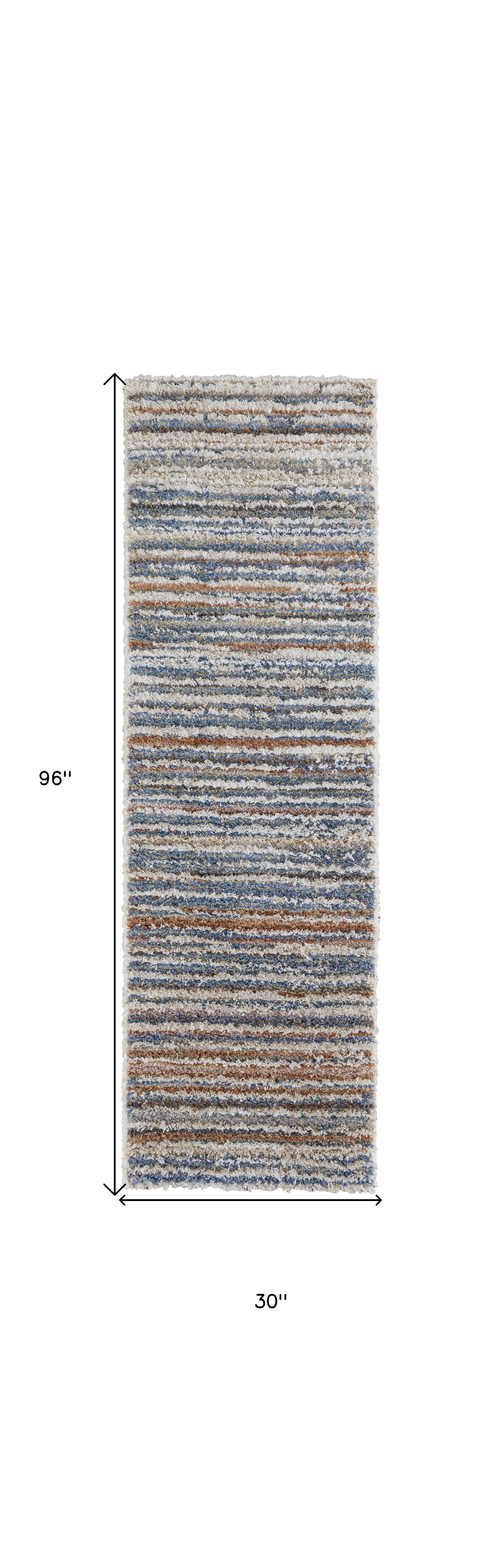Stain-Resistant Striped Area Runner Rug with an Elegant Ivory, Blue, and Orange Pattern for Any Indoor Space