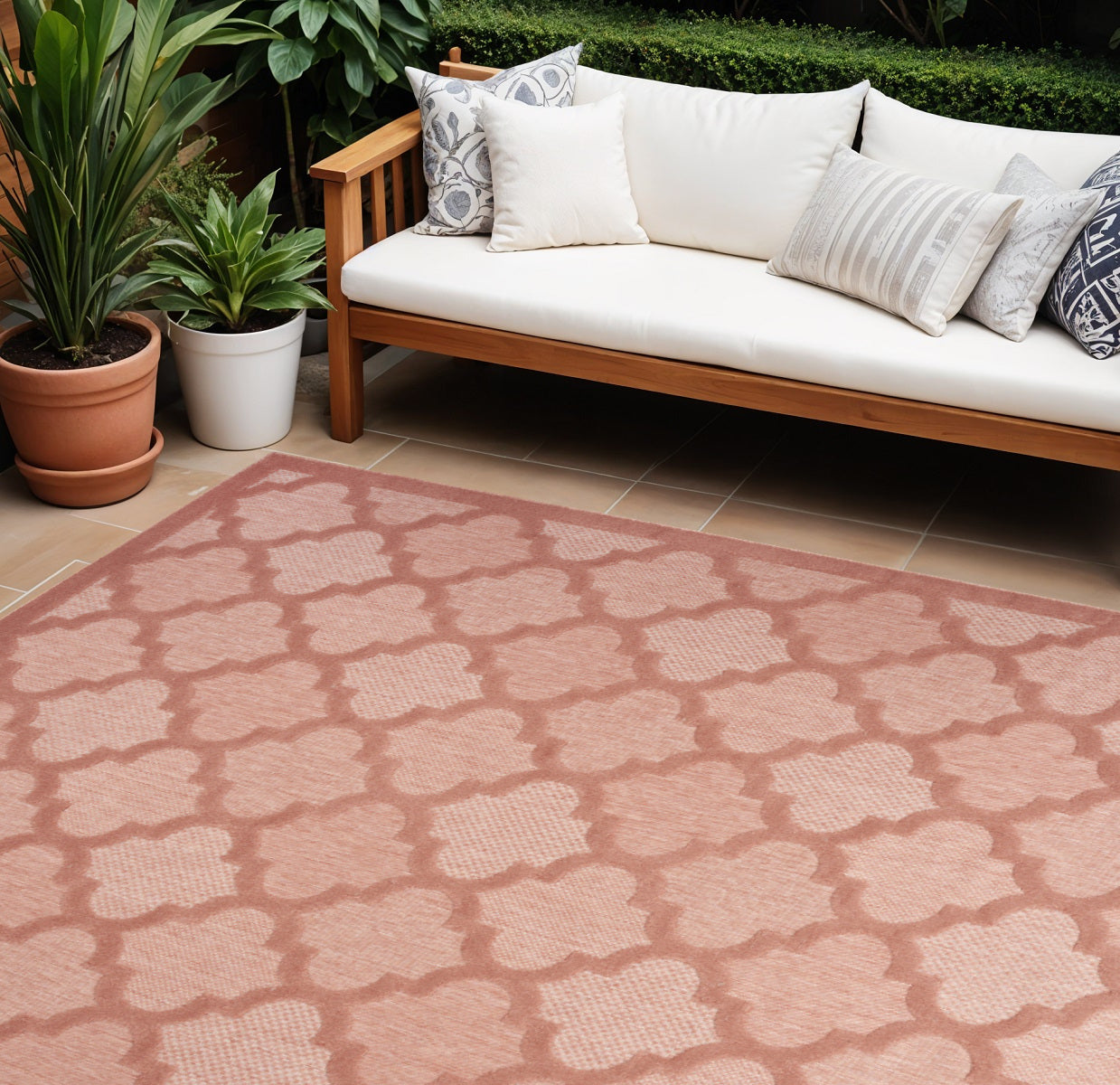 Stylish 7' x 10' Coral Orange Indoor-Outdoor Area Rug with Geometric Design
