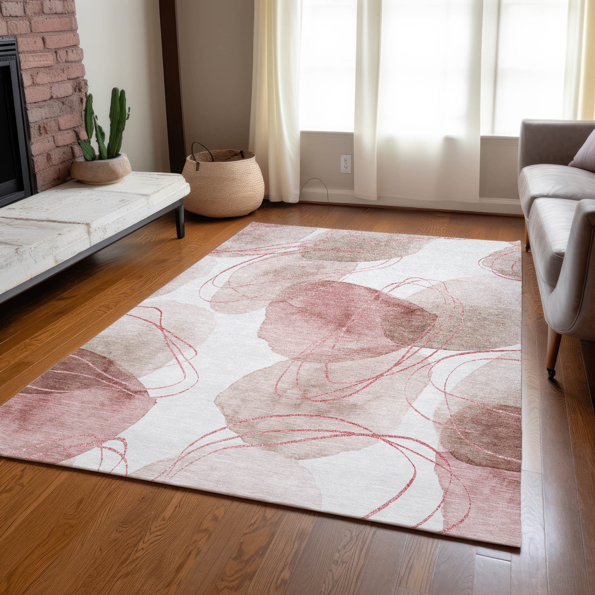 Modern Washable, Non-Skid, Stain-Resistant Green & Ivory Abstract Indoor-Outdoor Runner Rug
