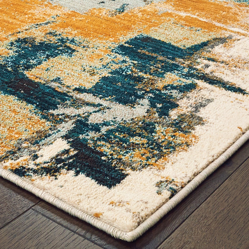 Stylish Blue and Golden Abstract Strokes Area Runner Rug for Contemporary Interior Decoration - Bold and Artistic Design