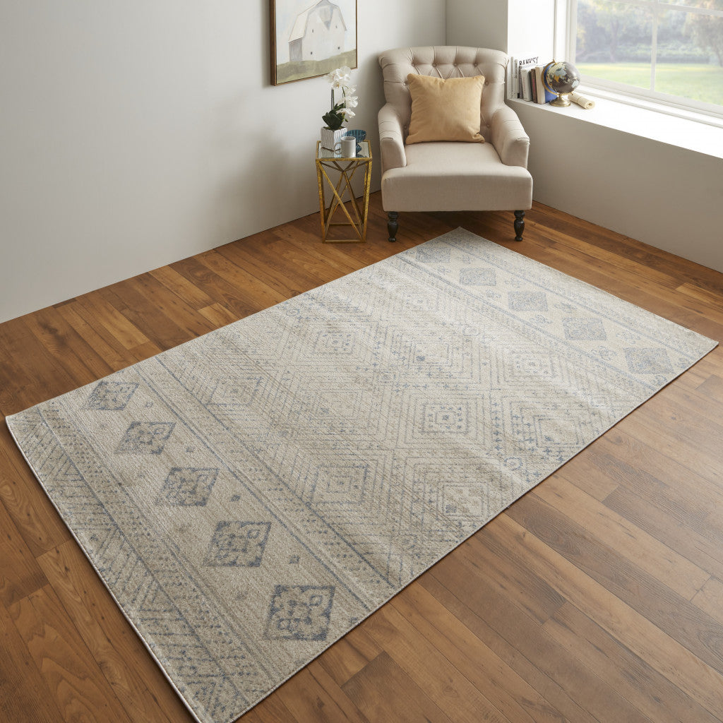 Stylish Ivory and Blue Geometric Distressed Power Loom Area Rug for Your Living Space