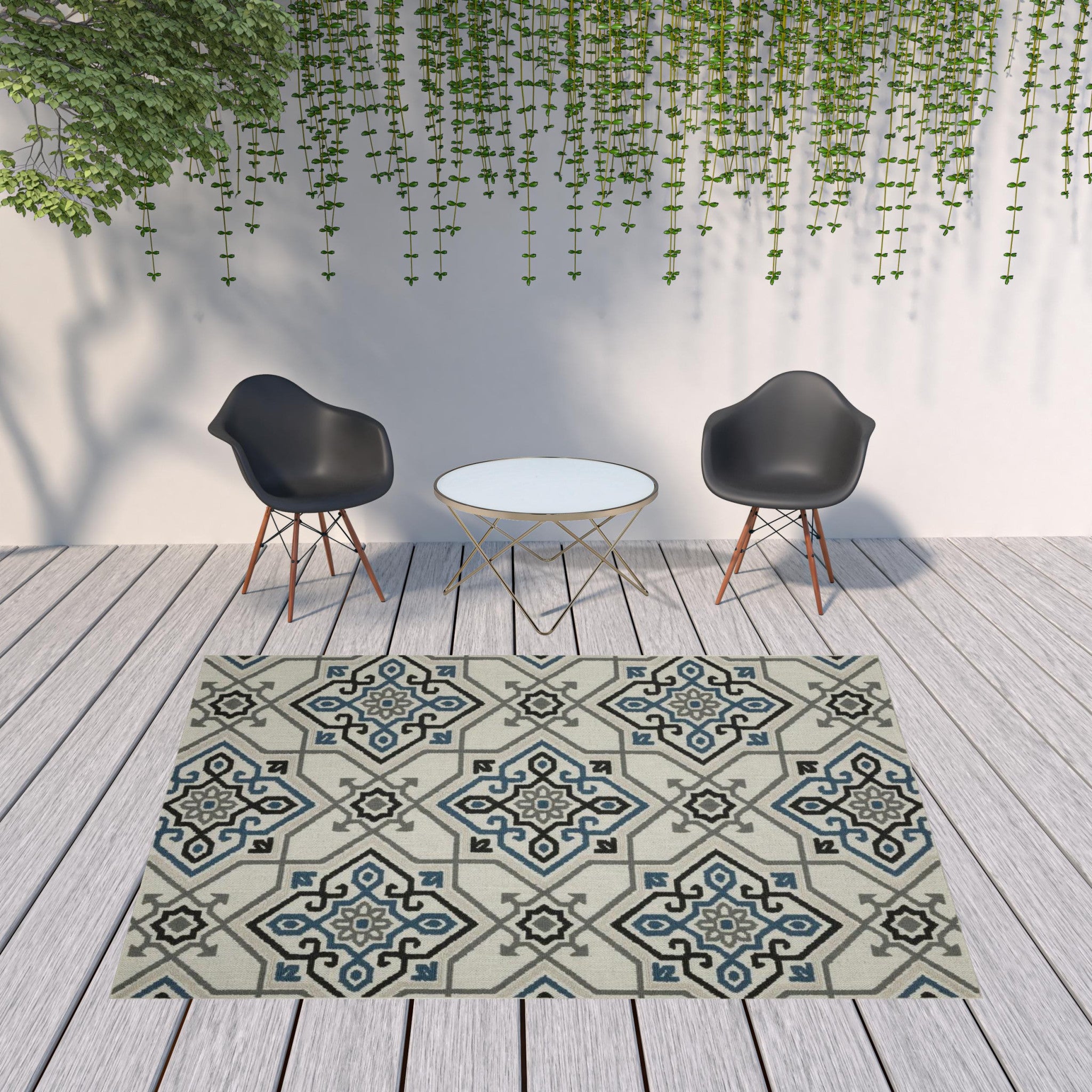 Elegant Blue and Beige Oriental Stain-Resistant Outdoor Area Rug for Home