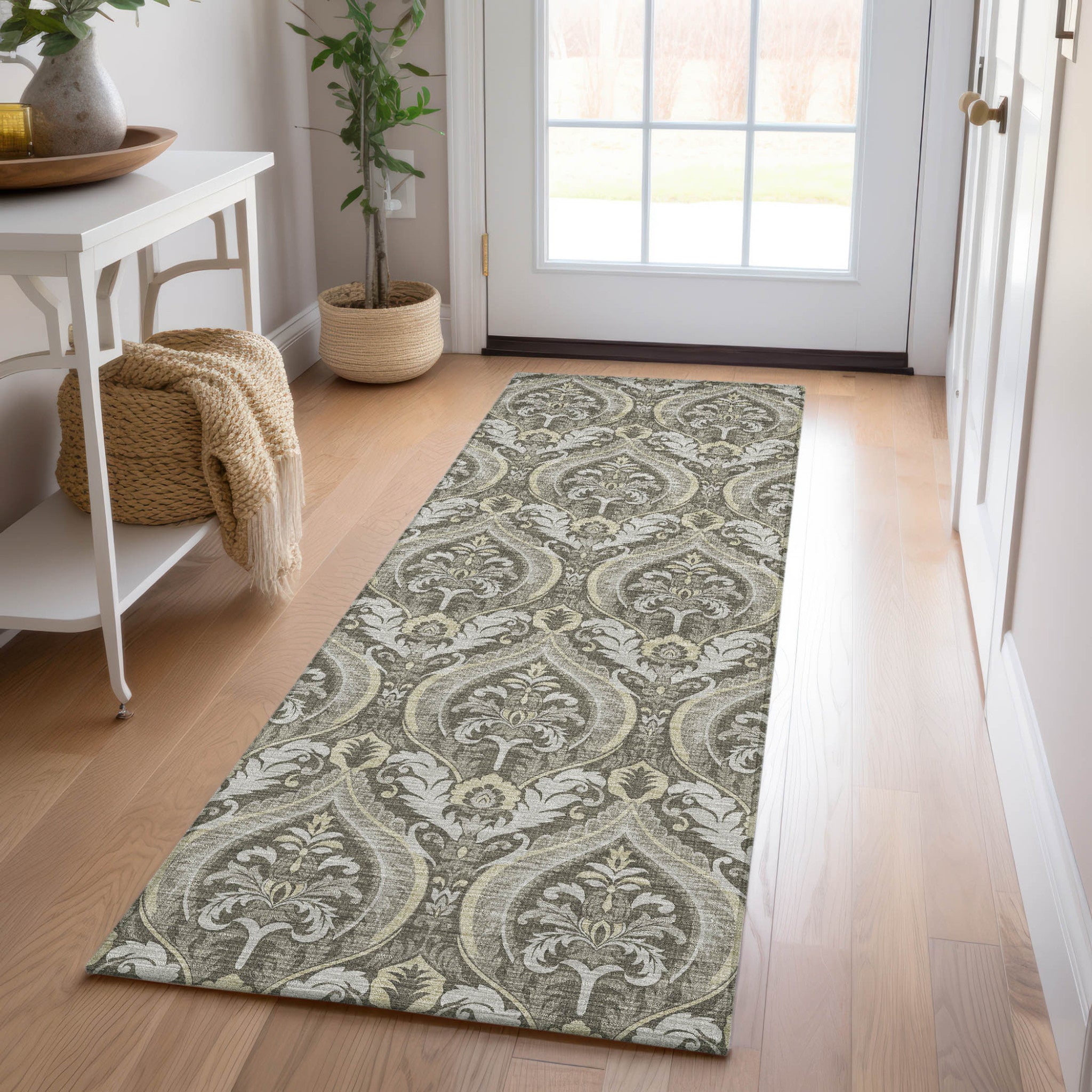 Stylish Washable and Stain - Resistant Non - Skid Damask Design Indoor Outdoor Runner Rug Measuring 27 Inches by 90 Inches