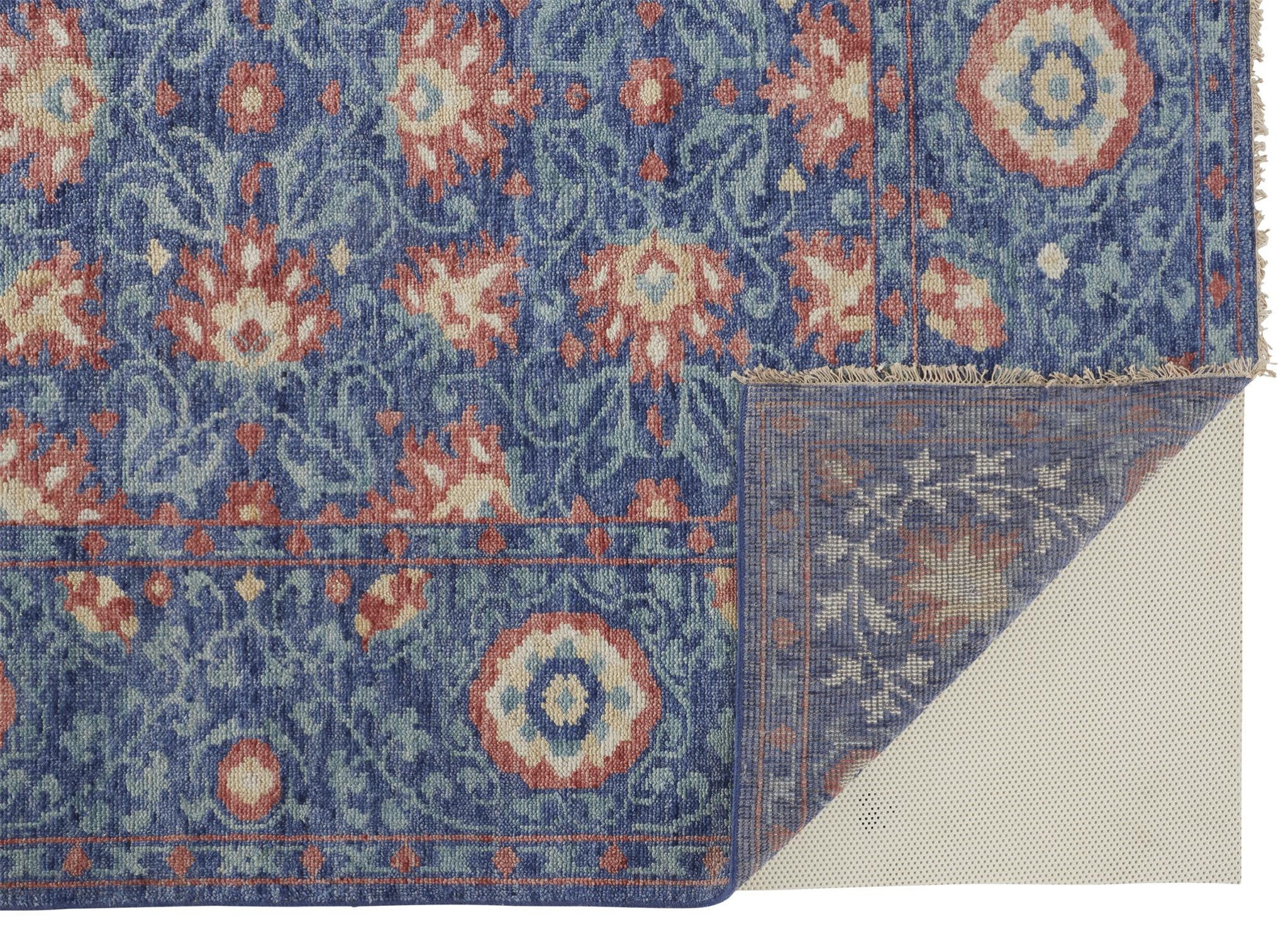 Stain-Resistant Hand-Knotted Blue and Beige Floral Area Rug for Elegant Spaces
