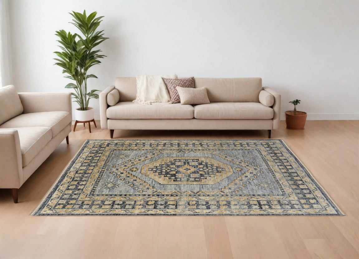 Stylish Hand - Knotted Blue - Gray & Tan Oriental Area Rug, Stain - Resistant & Unique