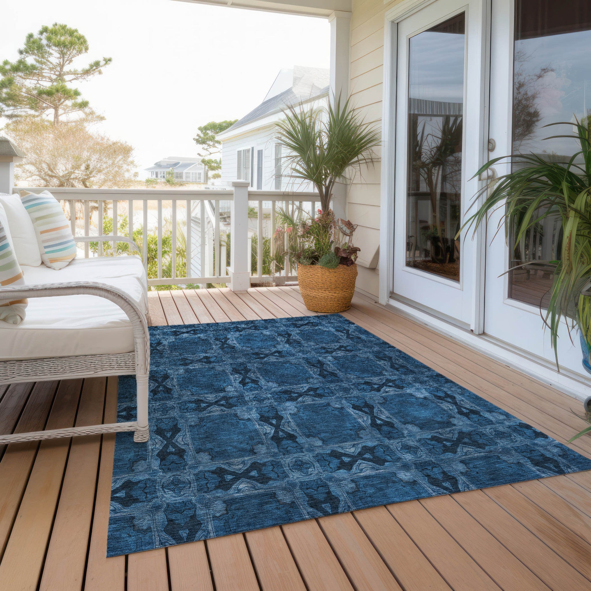 Stain-Resistant, Non-Skid Washable Teal Floral Medallion Round Runner Rug for Indoors & Outdoors