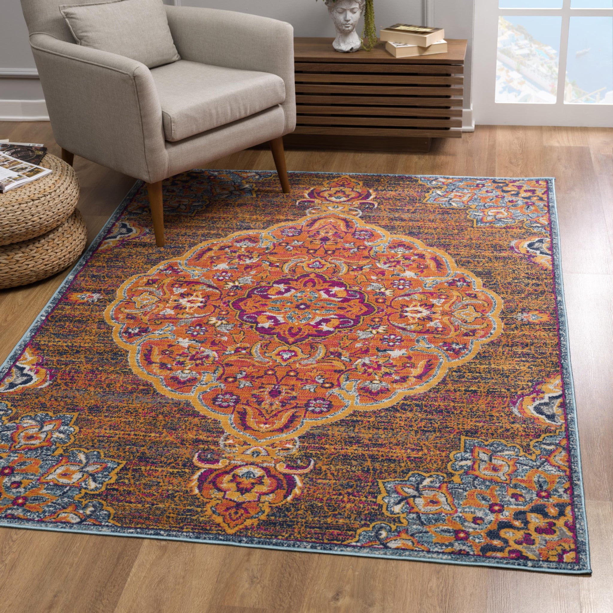 Luxurious and Stain-Resistant Rustic Orange Medallion Runner Area Rug for Your Traditional Home Decor