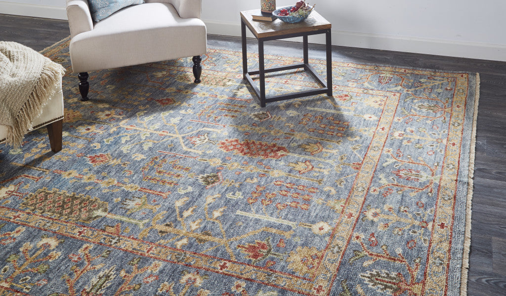 Stain-Resistant Hand-Knotted Wool Area Rug with Fringe in Gray, Gold, and Red Floral Design
