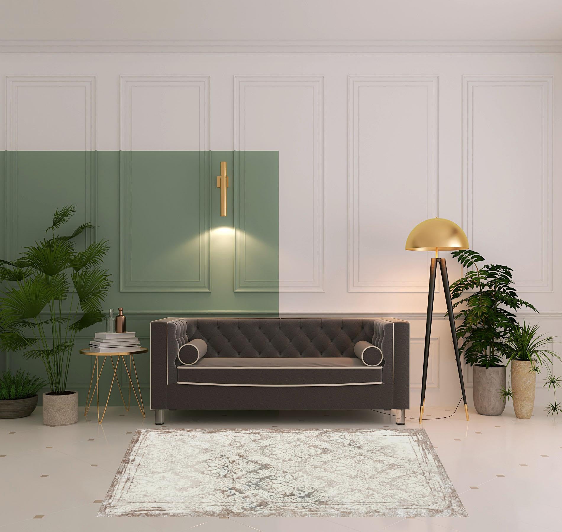 Stain-Resistant Cream Damask Area Rug for Elegant Home Decor