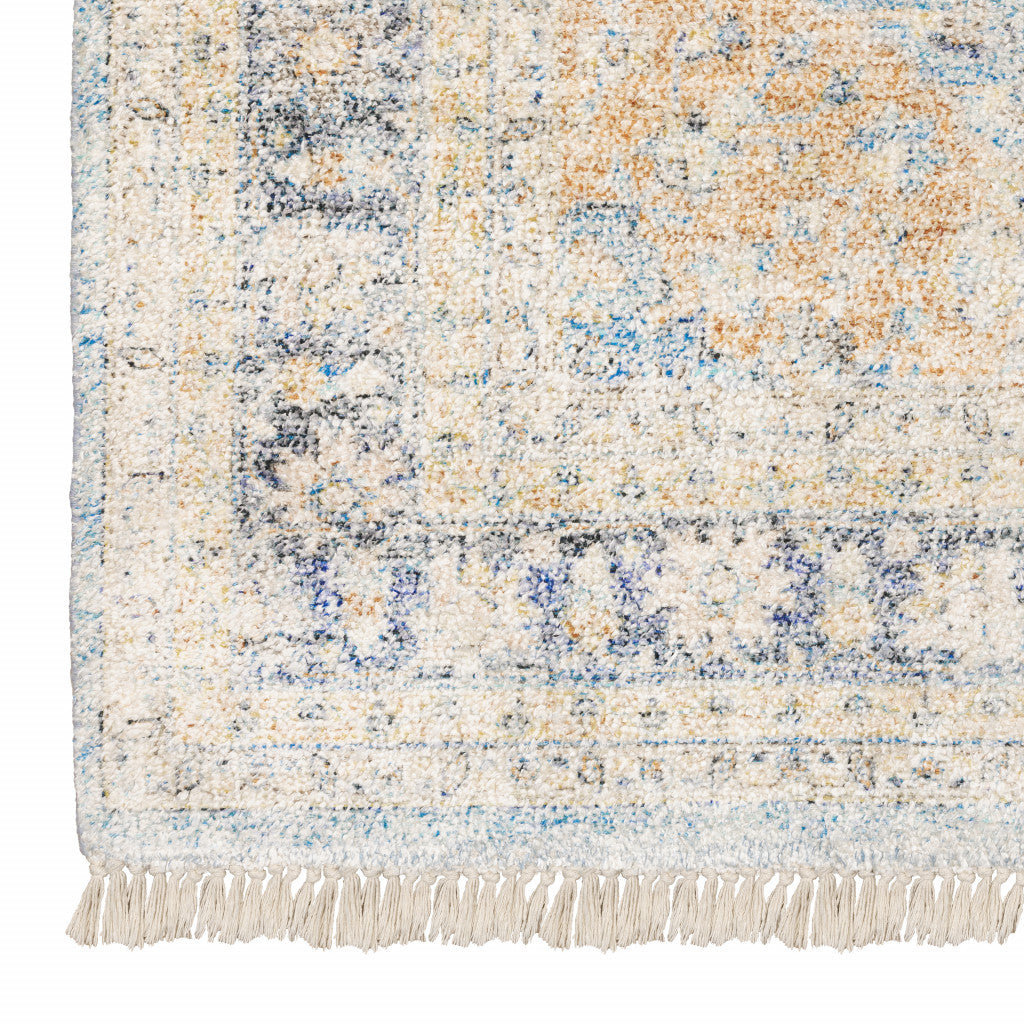 Stain-Resistant Hand Loomed Area Rug with Fringe - Timeless Blue and Beige Oriental Pattern