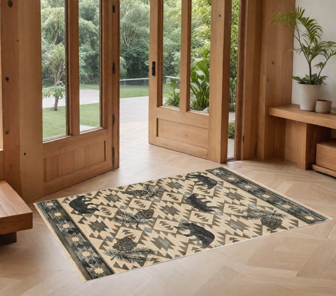 Elegant Ivory and Blue Machine-Woven Montana Area Rug for Lodge-Style Home Decor to Transform Your Living Space