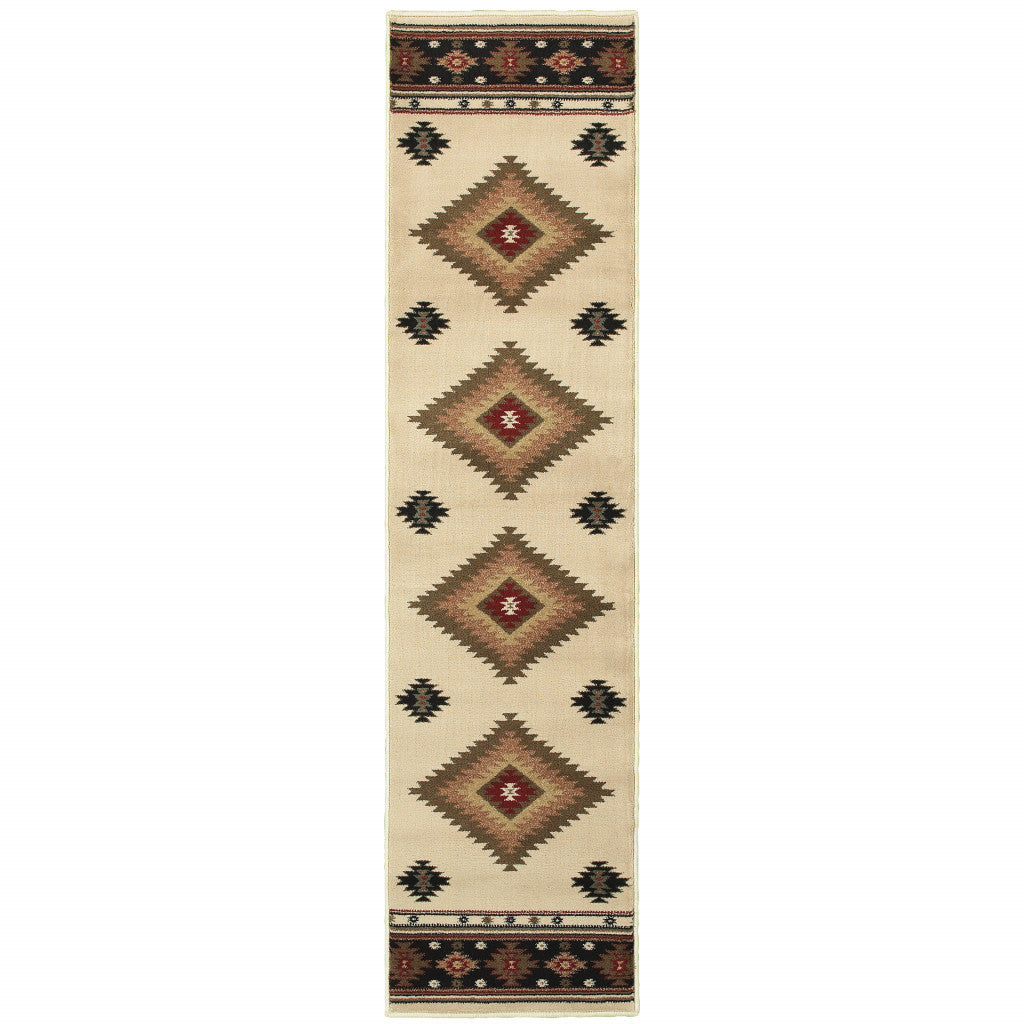 Exquisite Red and Beige Ikat Design Durable Modern - Boho Runner Rug
