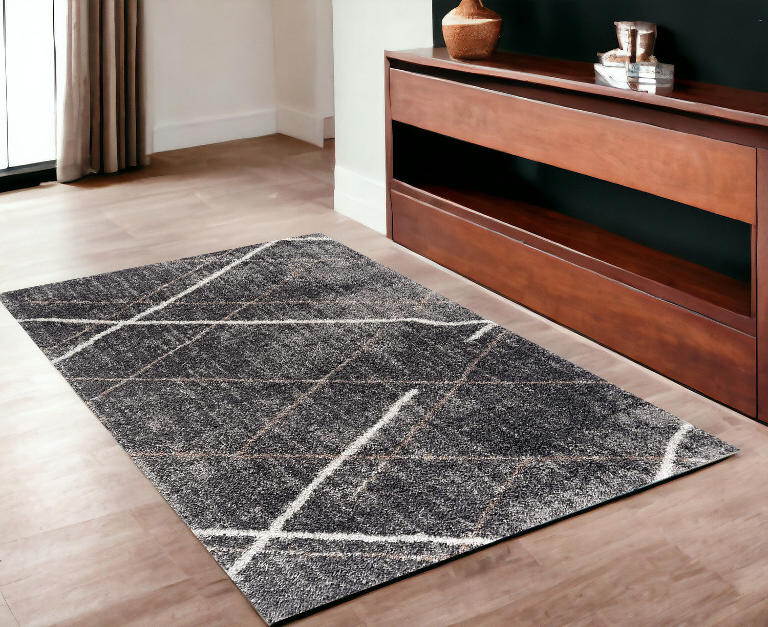 Luxurious Soft Gray Polyester Area Rug with Distressed Lines for Stylish Indoor Spaces