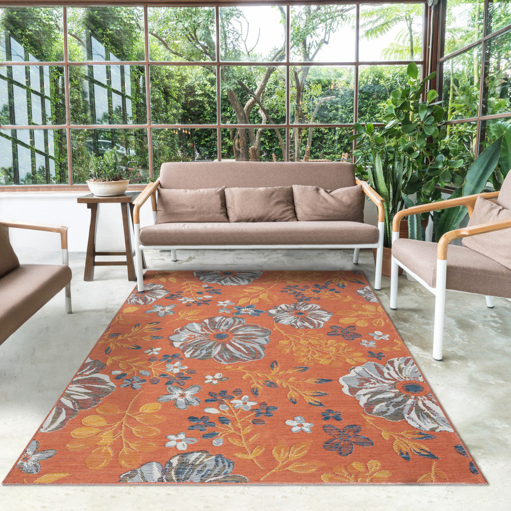 Ivory, Orange & Blue Floral Stain-Resistant Rug for Indoor and Outdoor Use