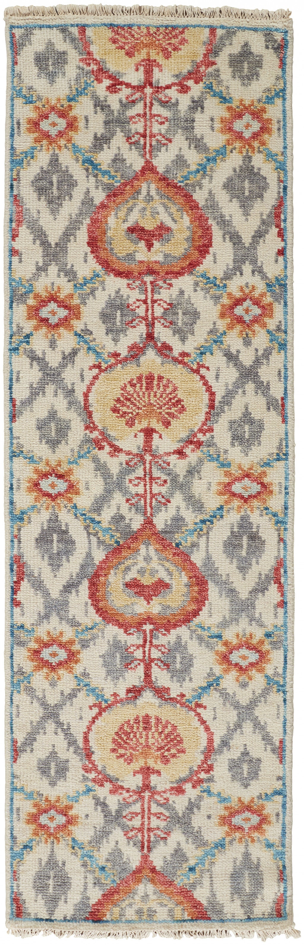 Stain-Resistant Hand-Knotted Wool Area Rug with Orange and Gray Floral Design