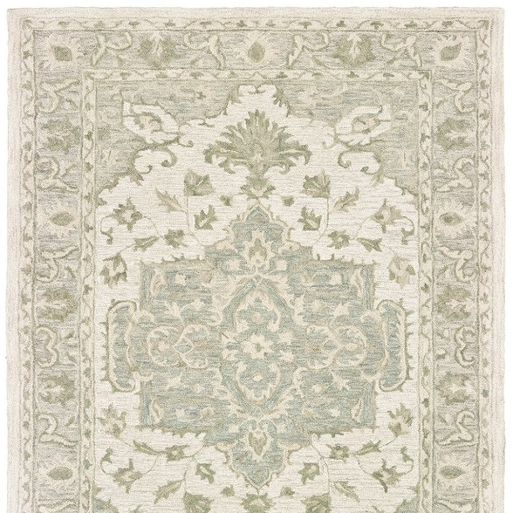 Exquisite Green and Cream Medallion Wool-Cotton Blend Area Rug - A Symbol of Timeless Luxury with Soft and Plush Texture for Elegant Interior Decorations