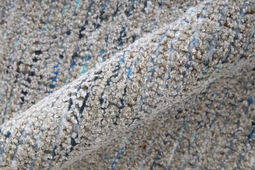 Stylish Handwoven Distressed Wool Blend Area Rug with Fringe - Featuring Abstract Taupe and Blue Design for Interior Decor