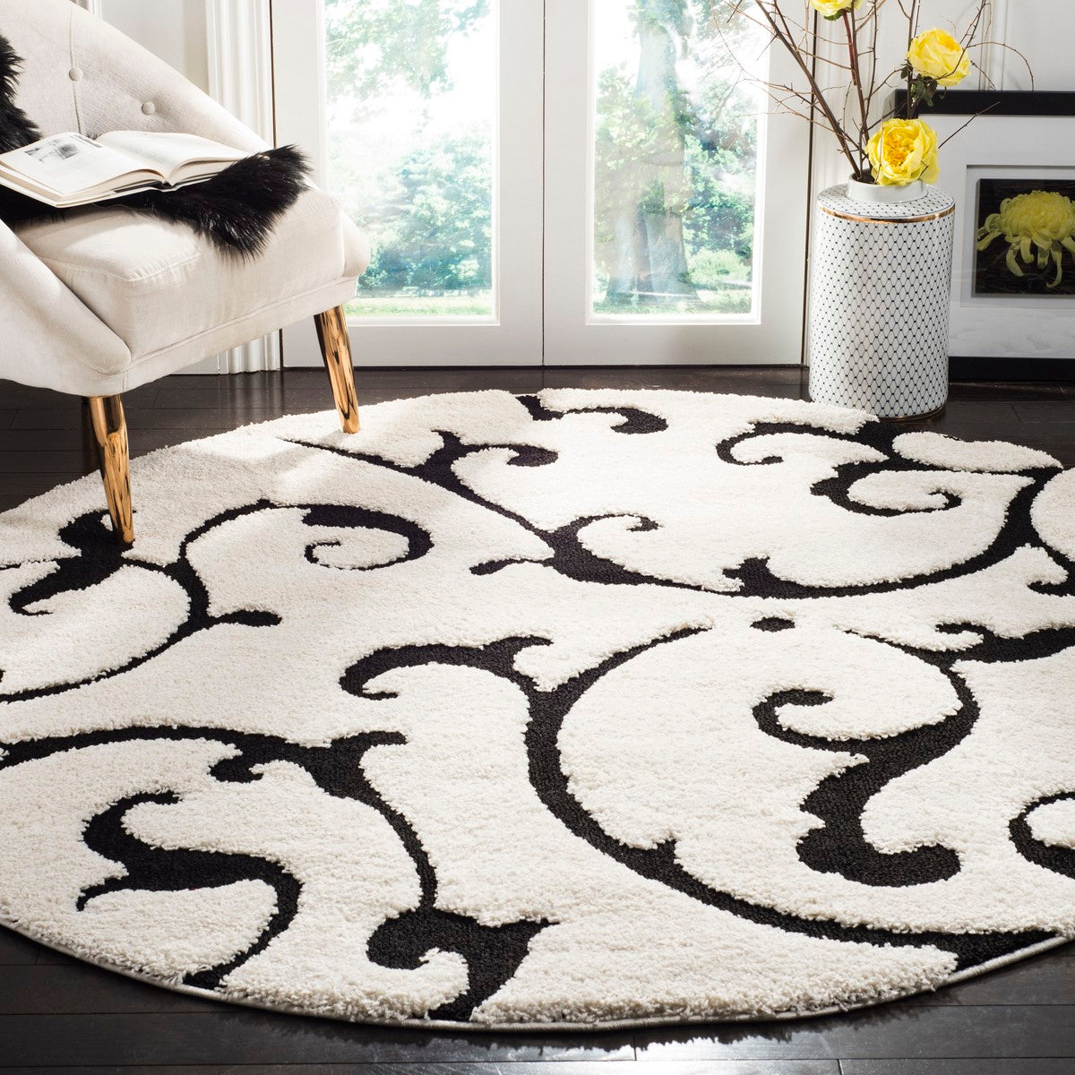Ultra-Soft Power Loomed Shag Rug with Textured Damask Pattern for Stylish and Relaxed Living Space Decoration