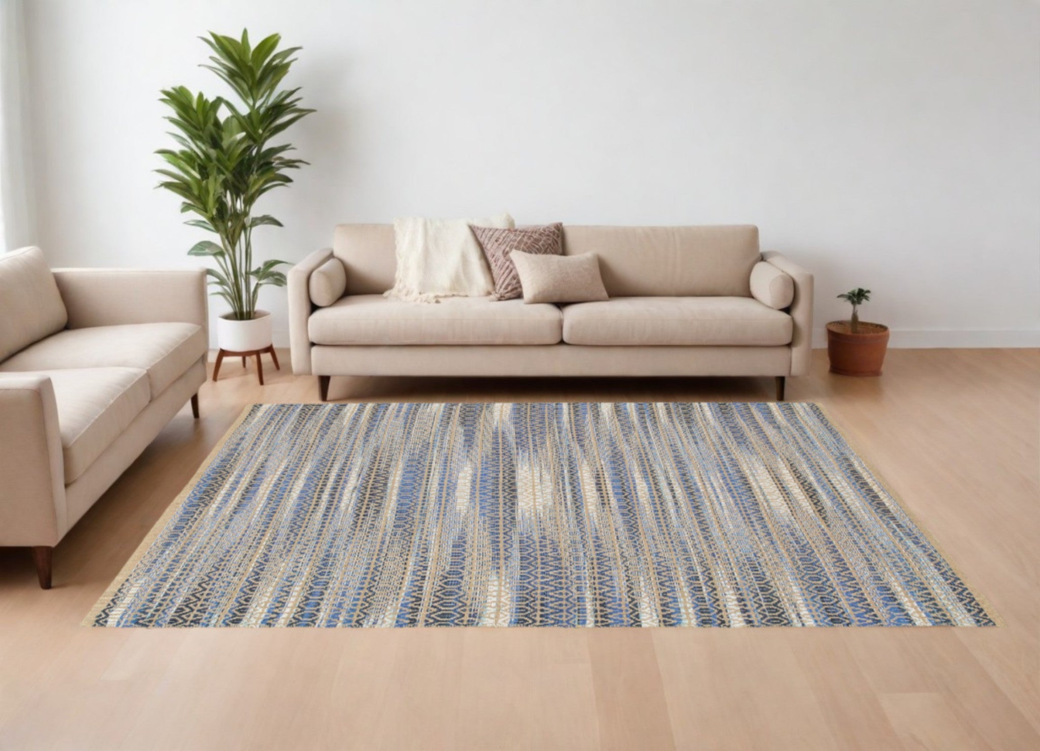 Navy and Tan Striated Luxury Area Rug with Soft Texture for Contemporary Chic Boho-Style Living Spaces