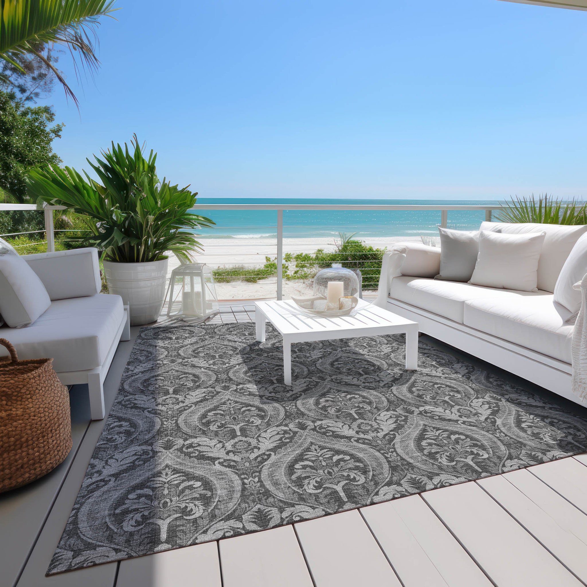 Stylish Washable and Stain - Resistant Non - Skid Damask Design Indoor Outdoor Runner Rug Measuring 27 Inches by 90 Inches