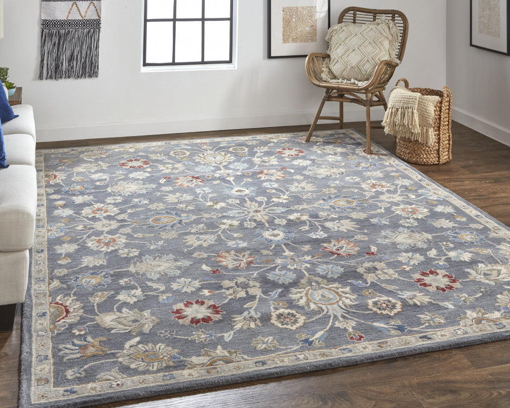 Stylish Handmade Gray, Ivory & Red Floral Stain - Resistant Area Rug for Living Spaces