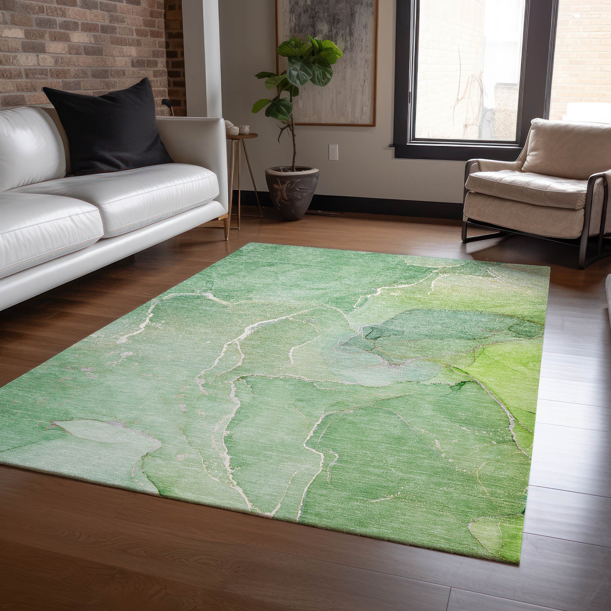 Stylish Washable & Stain-Resistant Green Abstract Indoor-Outdoor Runner Rug with Non-Skid Design